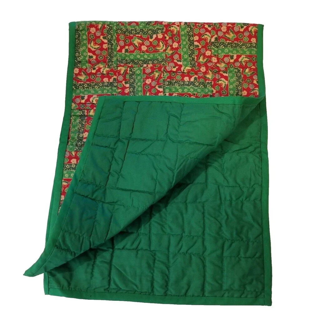 Table Runner Butterflies & Floral Design Red Green & Gold Handmade quilted Look